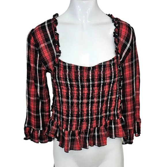 Free People Womens Nicole Plaid Smocked Top Size XS - Picture 2 of 9